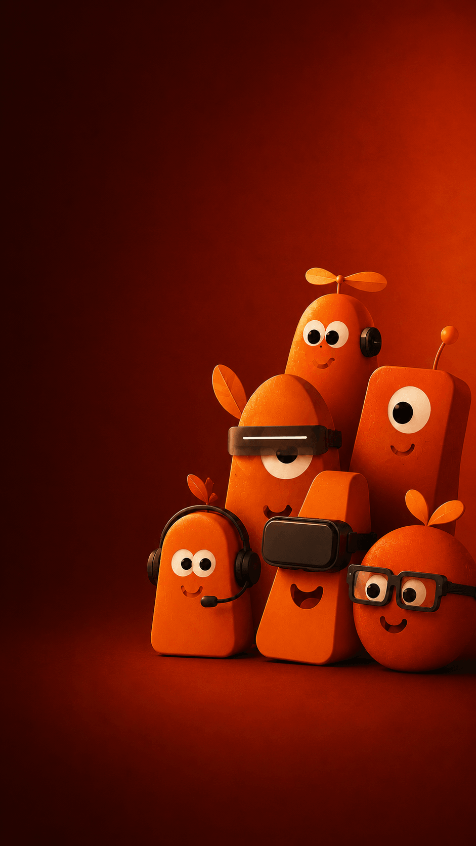 A group of playful orange AI agents ready to help run a business